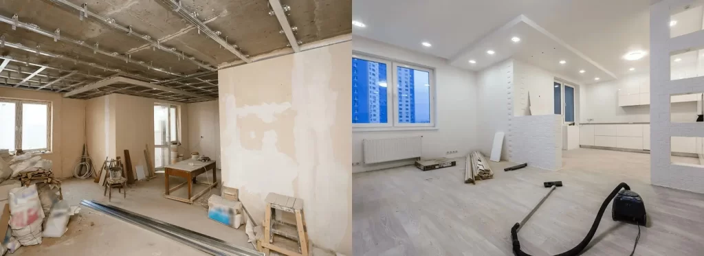 A side-by-side comparison shows a room under construction with debris and unfinished walls on the left, and a clean, modern finished space with bright lighting on the right.