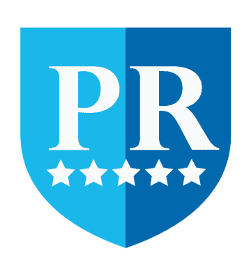 A blue shield divided into two halves, featuring the letters "PR" in white and five white stars at the bottom.