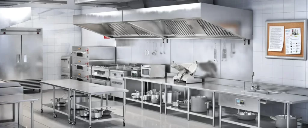 A modern commercial kitchen featuring stainless steel countertops, cooking equipment, and organized storage areas. The space is well-lit and designed for efficient food preparation.